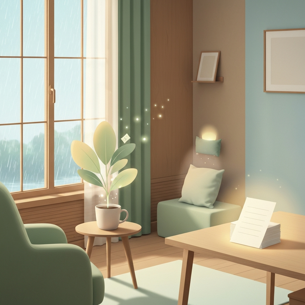 A calming illustration of a serene room with soft light, featuring abstract symbols of financial leaks and approachable administrative tasks, representing neuro-affirming financial management without text.