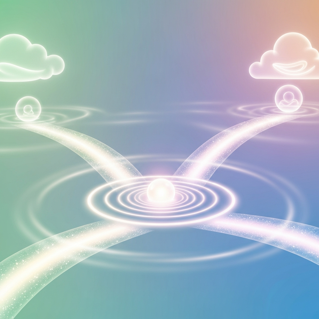 A serene, abstract digital illustration featuring glowing, flowing pathways emanating from a central, soft light source, symbolizing financial guidance and calm.