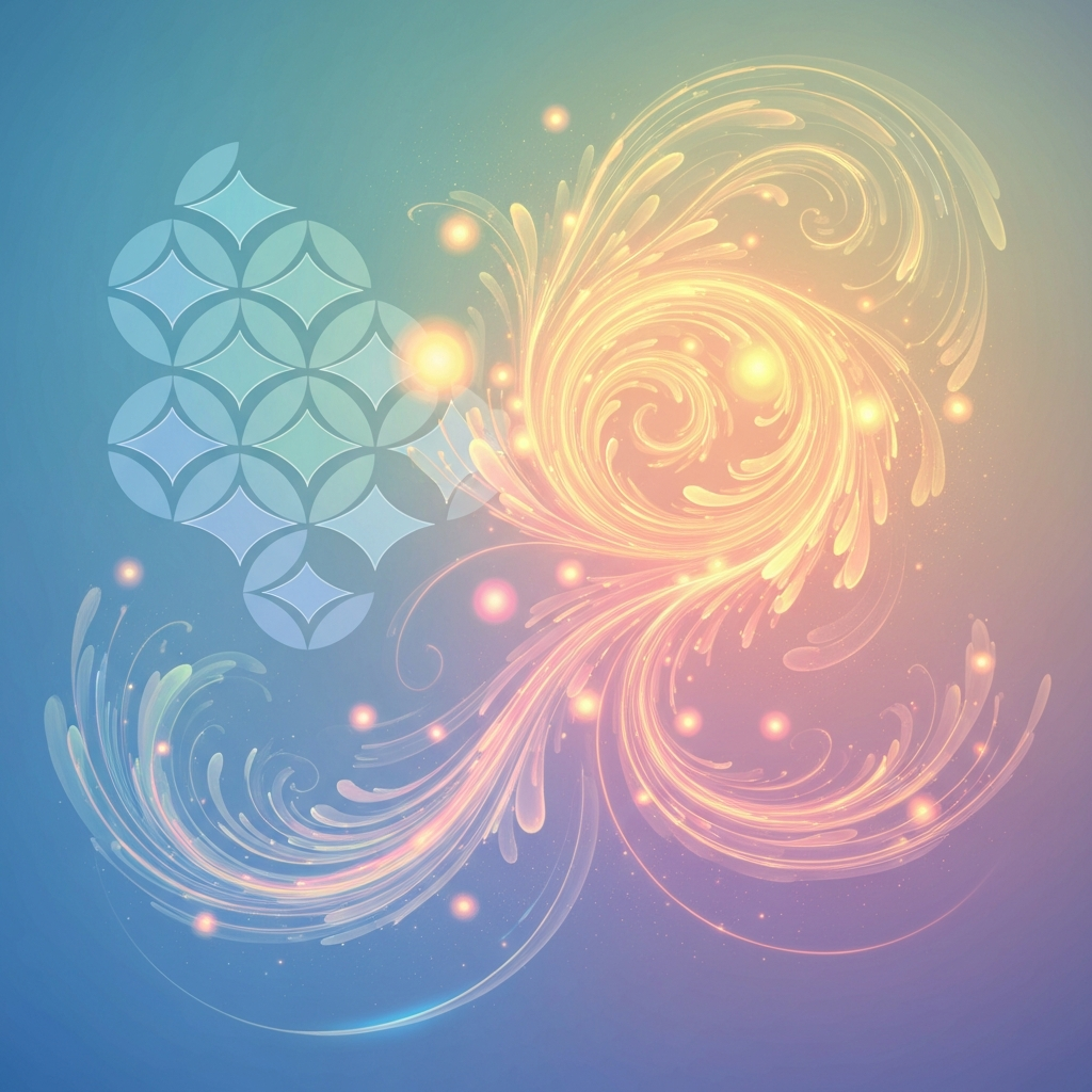 A calming, abstract illustration depicting soft, interwoven patterns of structured geometric shapes and flowing, luminous energy, symbolizing balanced neurodivergent financial management.