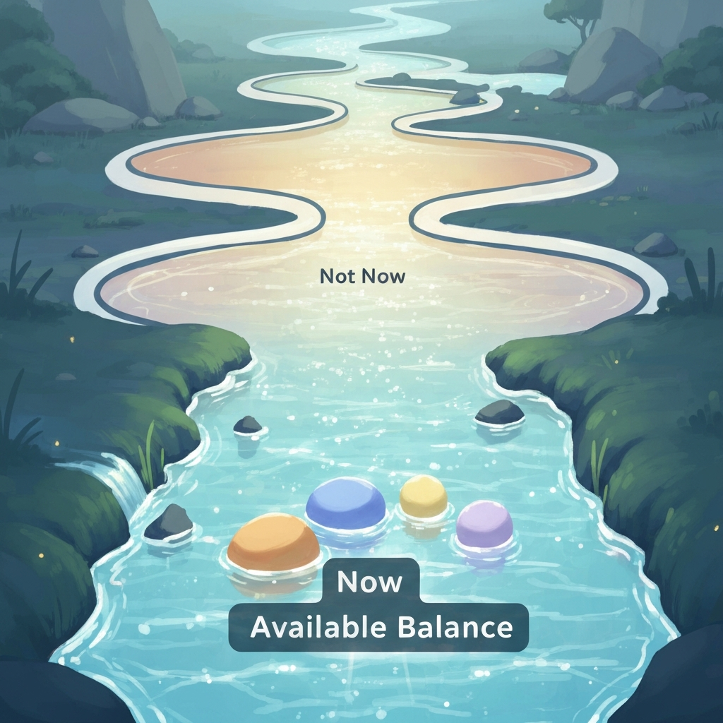 A calming illustration of a clear river with distinct sections visually separating funds upstream, symbolizing organized finances and overcoming time blindness for neurodivergent individuals.