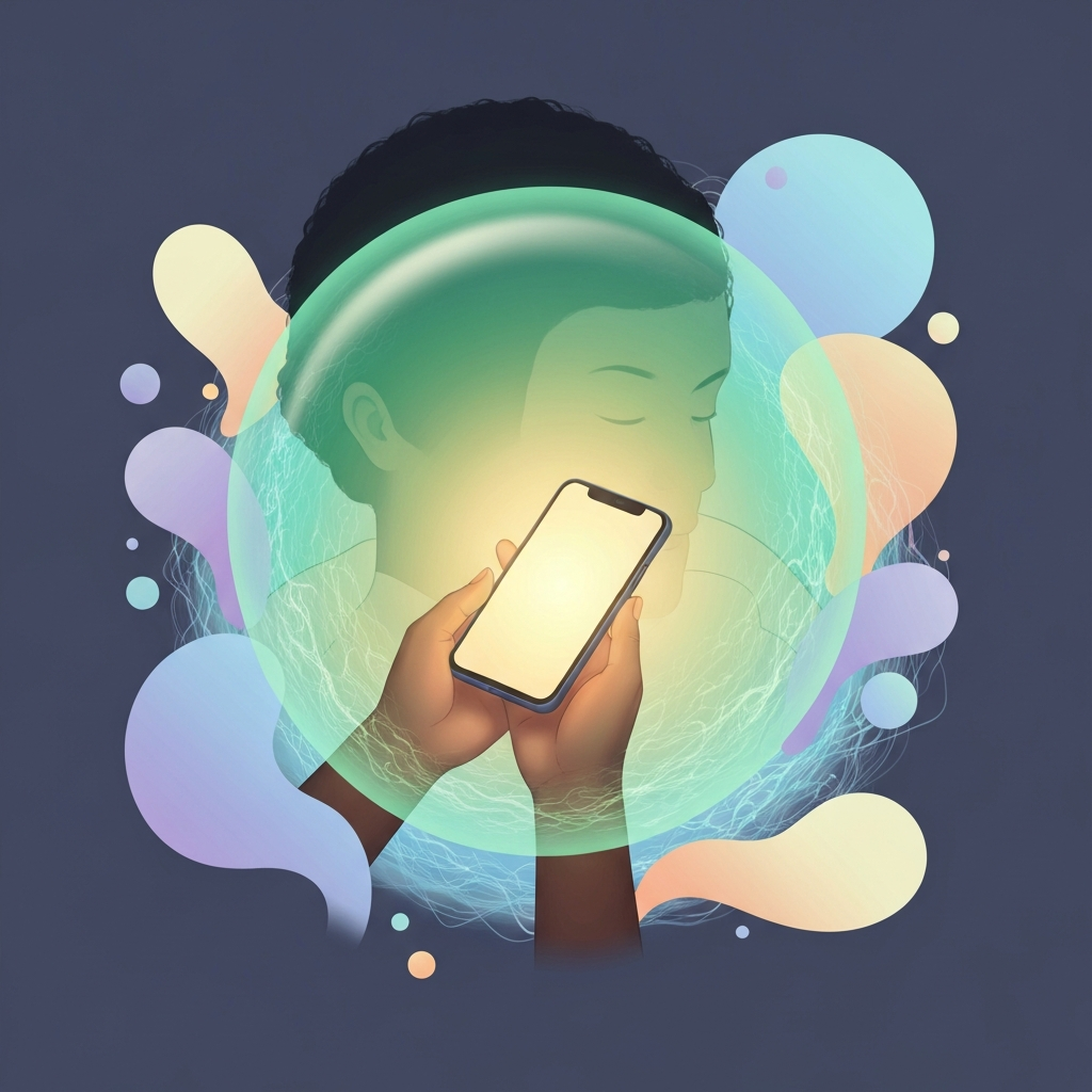 A calming illustration showing a serene person holding a smartphone emitting a soft green glow, surrounded by abstract, protective layers that transition from turbulent to clear, symbolizing financial peace.