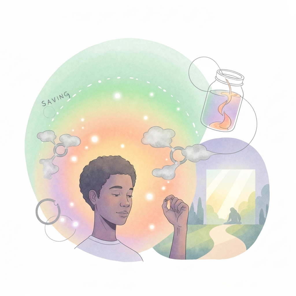 A serene illustration of a person surrounded by a calming, glowing aura, symbolizing restored energy and self-acceptance, with abstract elements representing financial well-being and reduced stress.