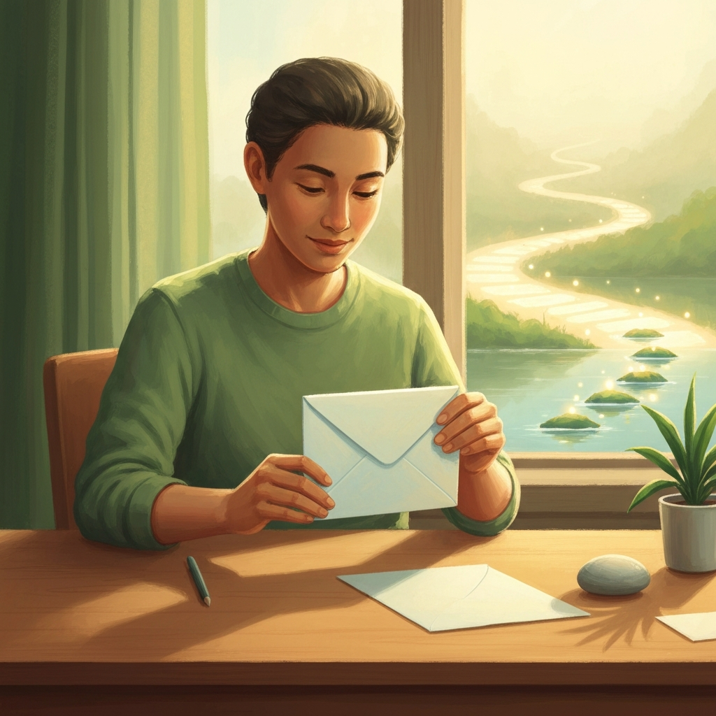 An illustration of a neurodivergent person calmly opening an envelope at a peaceful desk, symbolizing breaking down financial stress into manageable steps.
