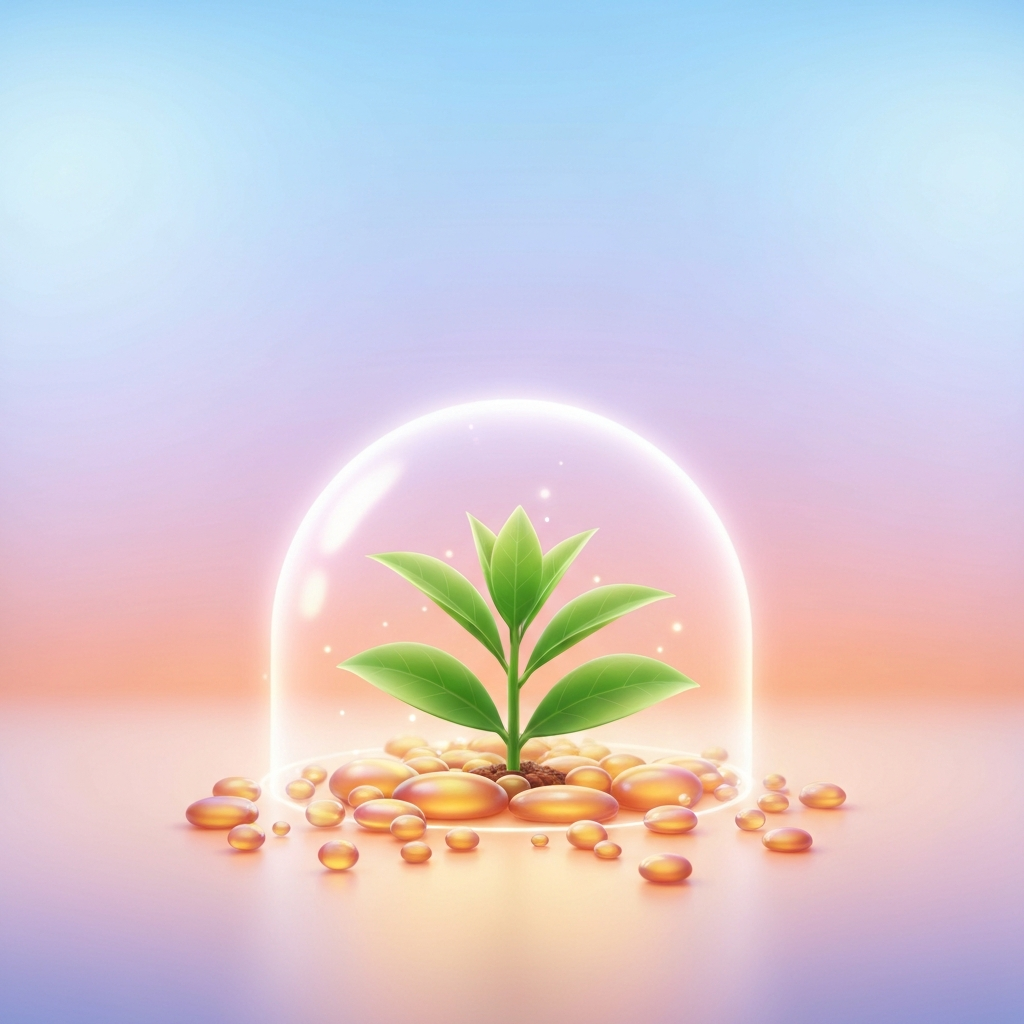 A calming illustration showing a small green plant growing within a clear, protective dome, surrounded by steadily accumulating, glowing amber pebbles, symbolizing a growing emergency fund and financial security.