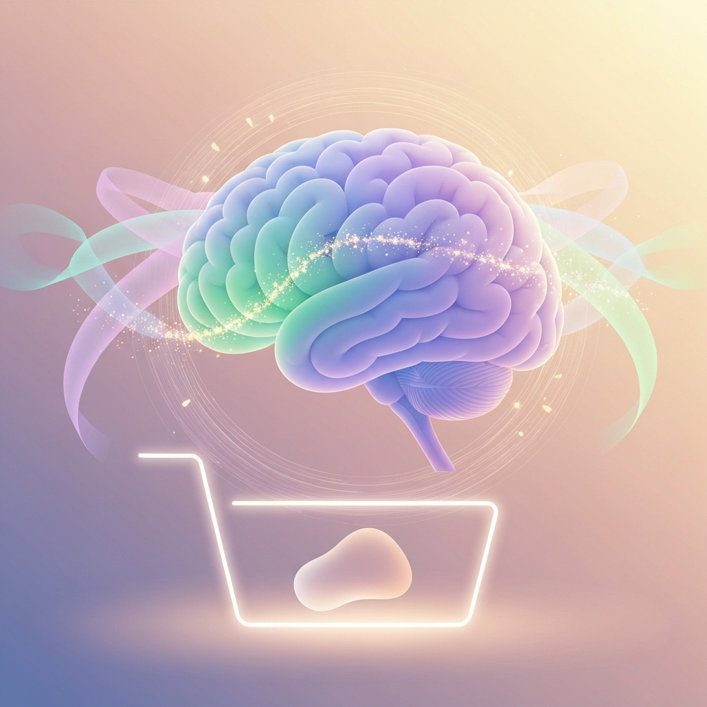 A calming, abstract illustration of a stylized brain with shimmering particles, surrounded by flowing ribbons breaking a cycle, and a subtle, translucent outline of a shopping cart holding an abstract item, all in soft pastel colors.