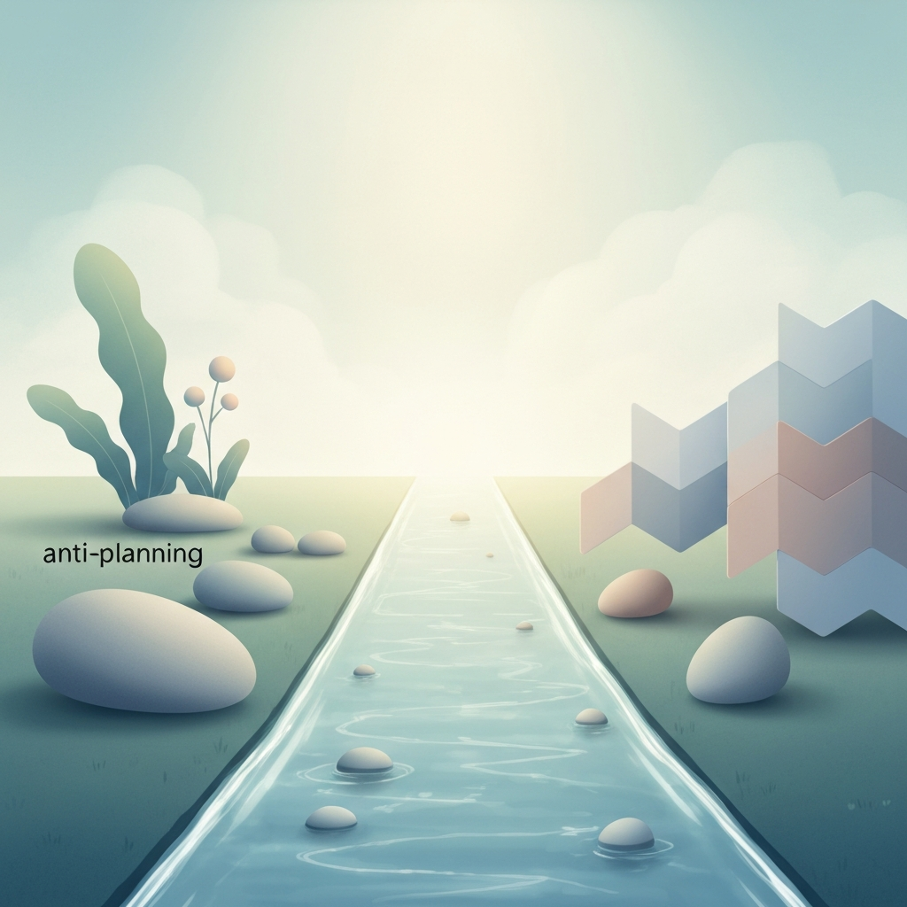 A calm illustration depicting a clear stream of water flowing between two landscapes. One side features soft, abstract shapes and simple plants, symbolizing easy financial management. The other side shows neatly arranged, smooth geometric shapes, representing detailed financial planning.