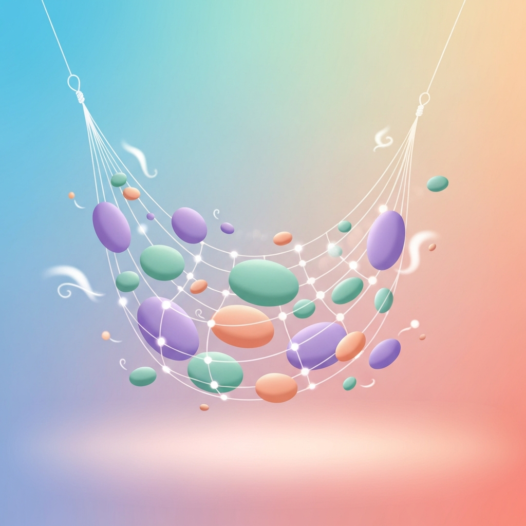 An illustration of a soft, glowing safety net gently holding smooth, colorful pebble-like shapes in a calm, serene space, representing financial security and support.