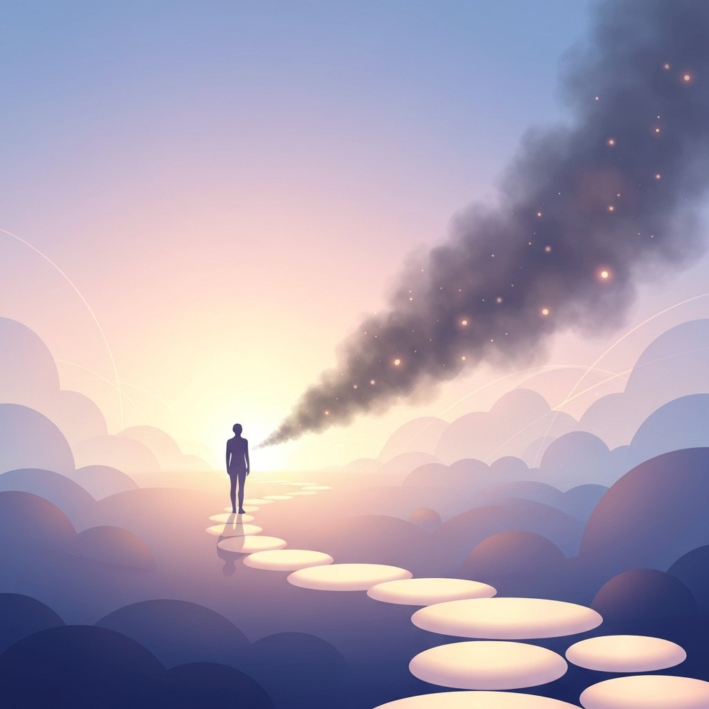 A serene illustration of a figure standing on a gentle path at dawn, with past burdens dissolving into warm light behind them, symbolizing a peaceful financial reset and self-forgiveness.