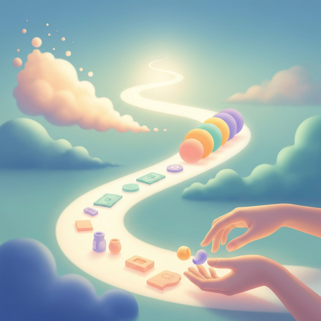 A serene, neuro-affirming illustration depicting abstract financial concepts. Gentle light flows along a clear path, with organized, soft shapes representing automated payments. Soft glows symbolize forgiveness, and calm, stylized hands arrange comfort items, conveying peace and clarity.