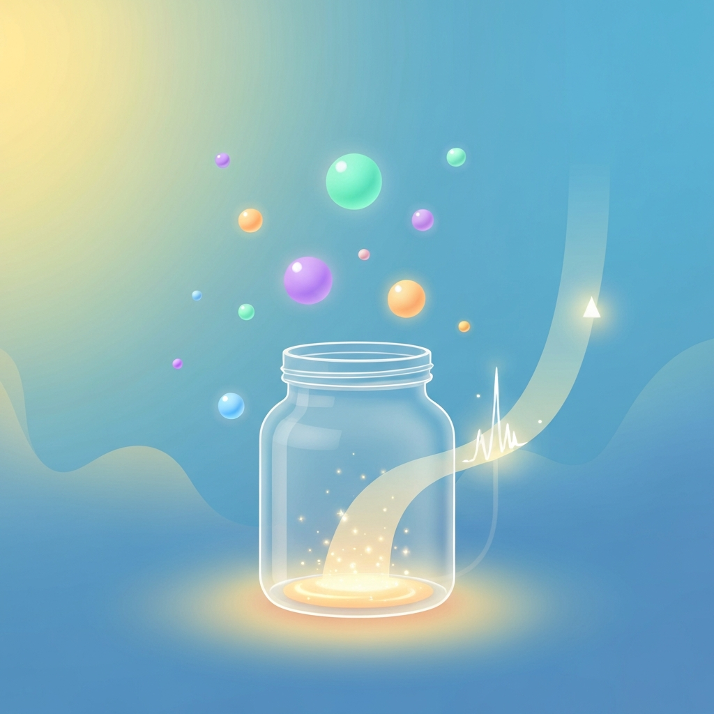An illustration of a clear glass jar filling with golden light, surrounded by soft, glowing pastel orbs, symbolizing the calm satisfaction and dopamine hits from saving money.