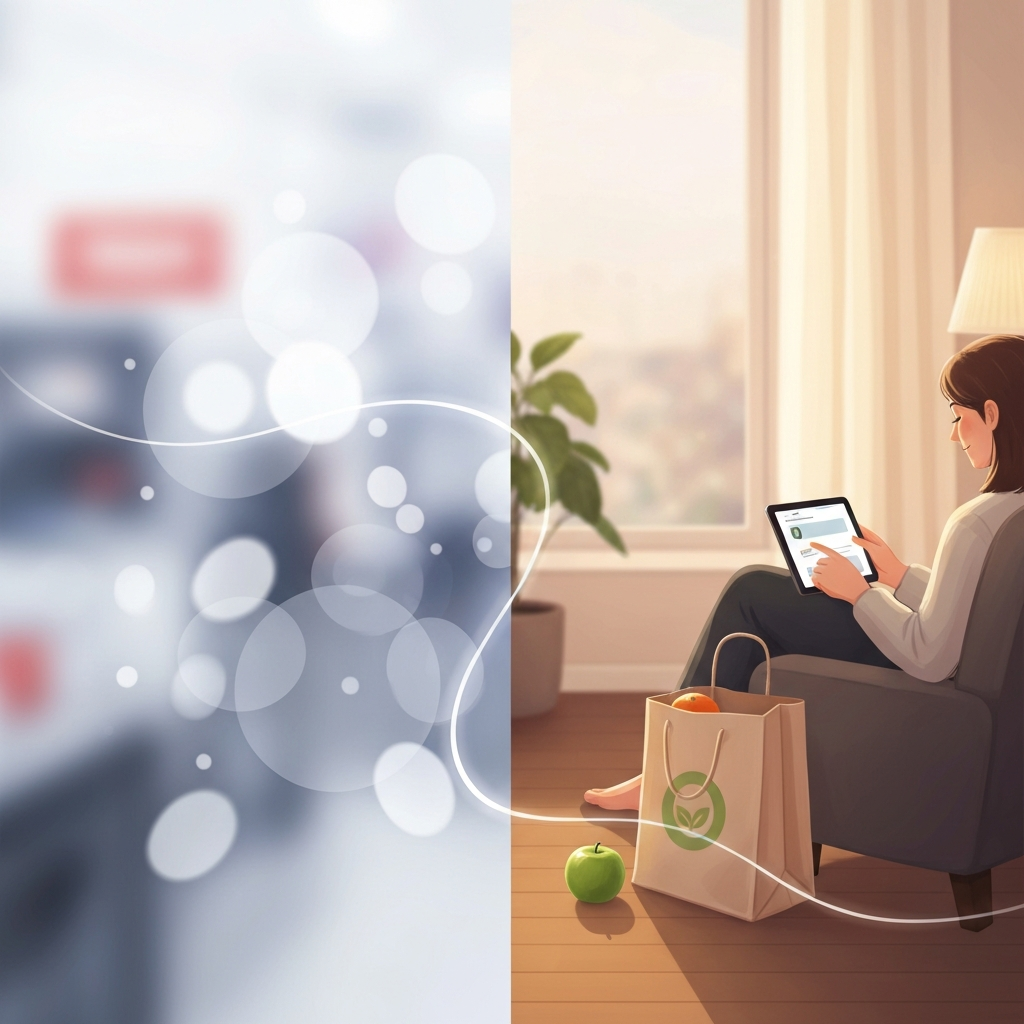 An illustration contrasting the sensory overwhelm of a busy, blurry environment with a peaceful person ordering groceries online in a calm, cozy home.