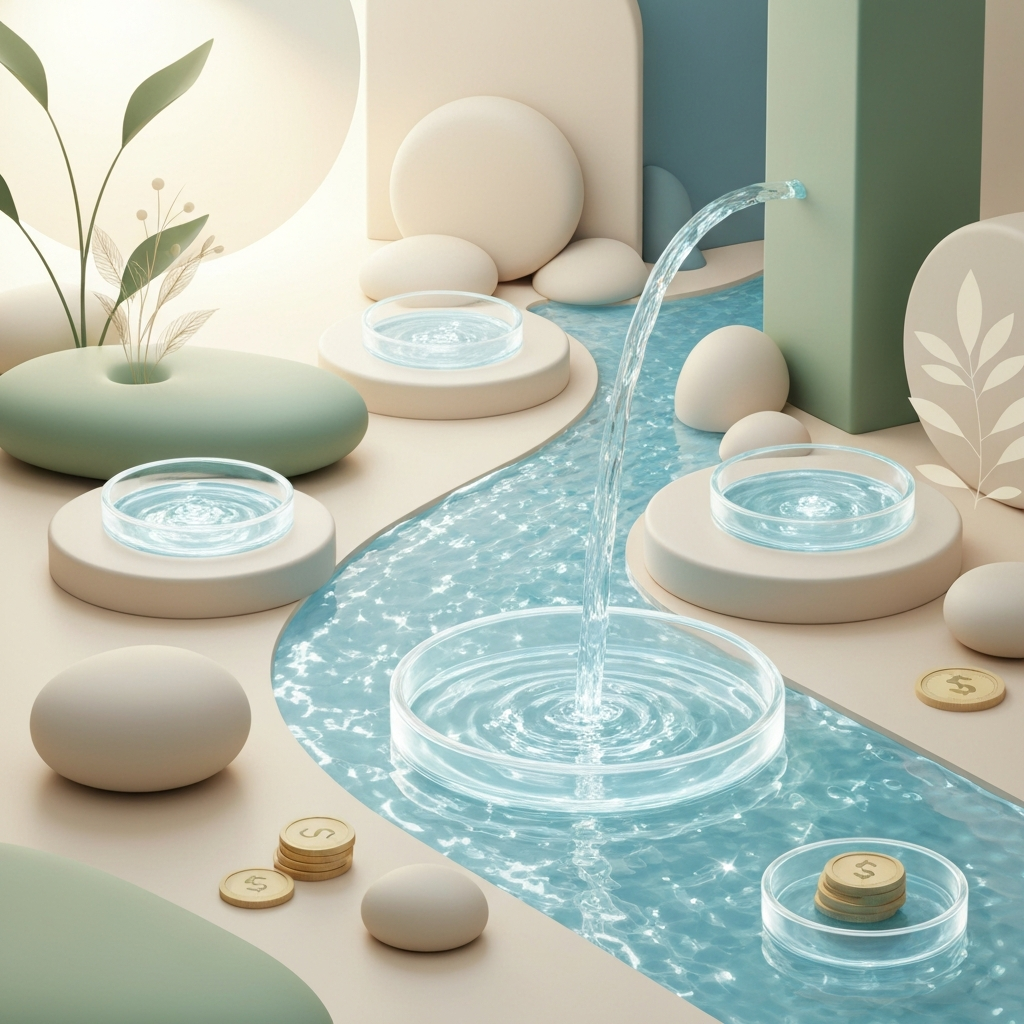 A calming, neuro-affirming illustration showing a gentle stream of money flowing into protected pools for bills, savings, and a safety cushion, with a central clear pool representing available funds.