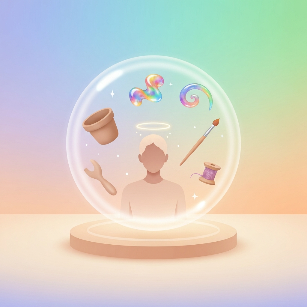An illustration of a serene figure surrounded by various hobby crafts like pottery and resin, all contained within a gentle, protective financial 'vault,' symbolizing safe budgeting for neurodivergent hyperfocus.