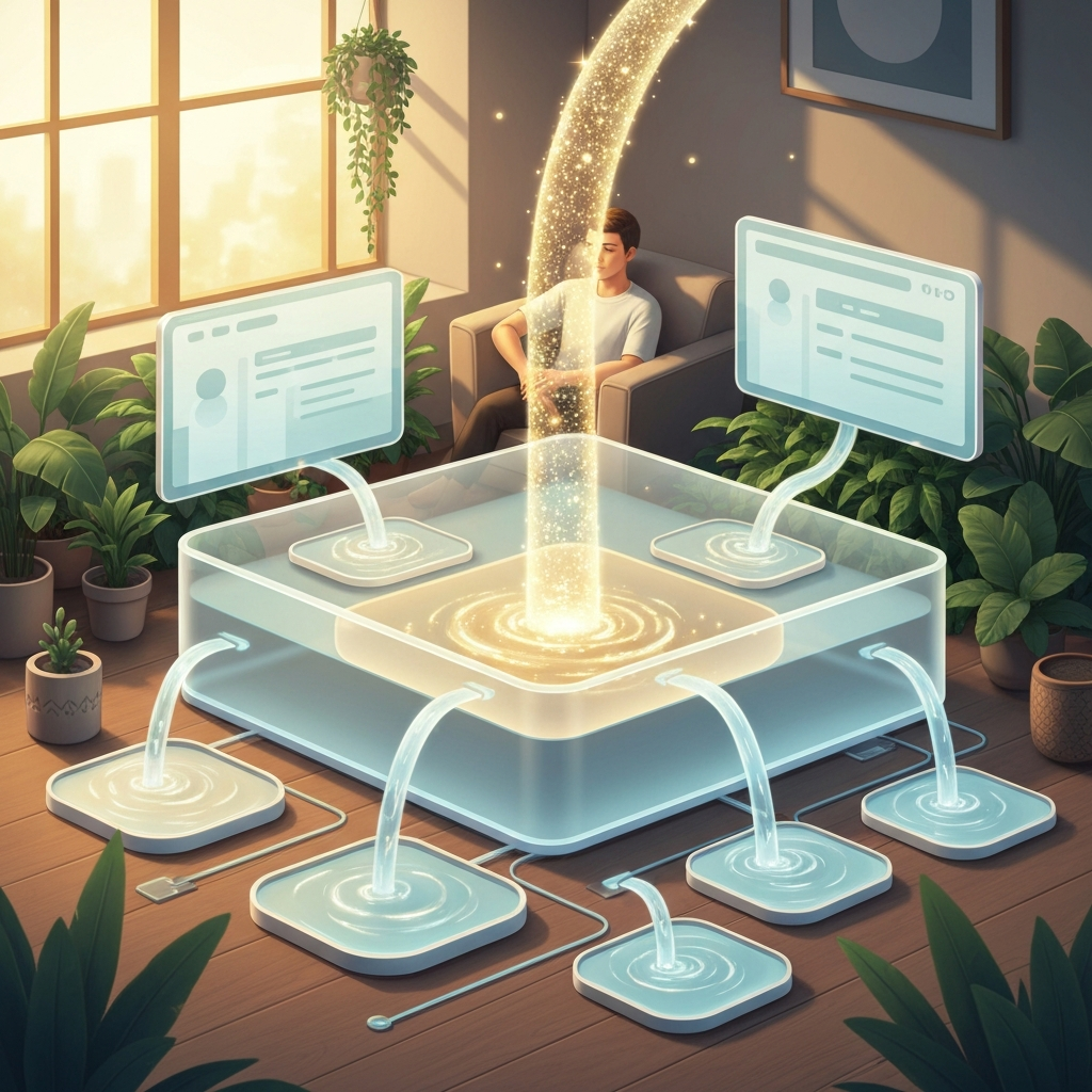 A serene illustration of a person calmly managing irregular income through a visualized buffer system of flowing light into clear reservoirs, conveying financial peace.