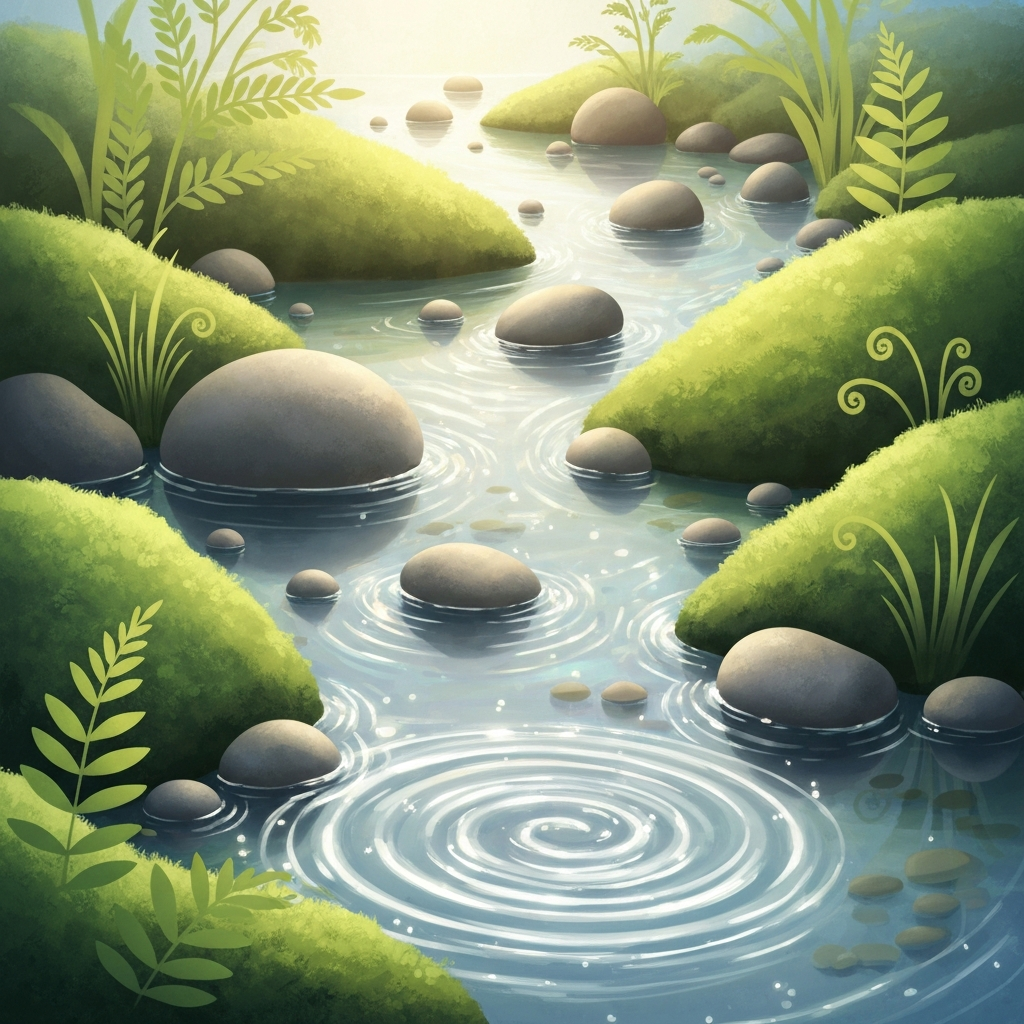 A calming, stylized illustration of a gentle stream flowing around smooth, polished stones, symbolizing thoughtful financial management and mindful spending.