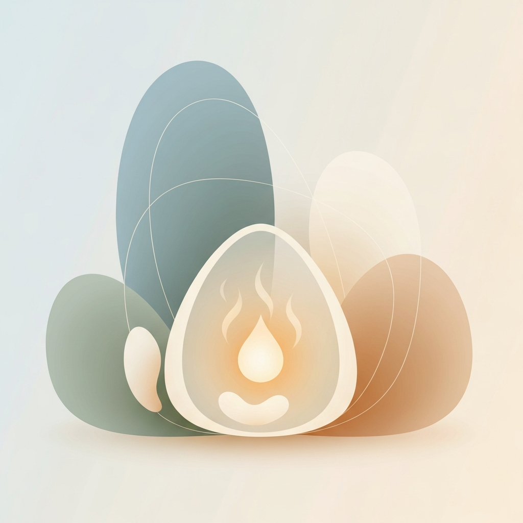 A calming illustration depicting a stylized, secure shelter with radiating warmth, alongside abstract elements representing food and stability, set in a neuro-affirming color palette.