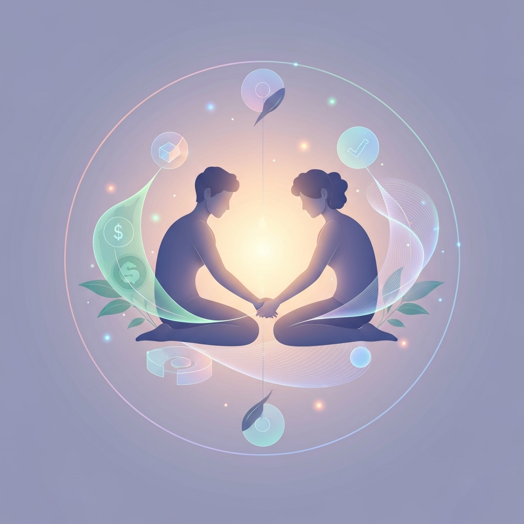 Abstract illustration of two stylized figures peacefully collaborating on finances, surrounded by harmonious, adaptable financial system elements, representing neurodivergent-inclusive budgeting.