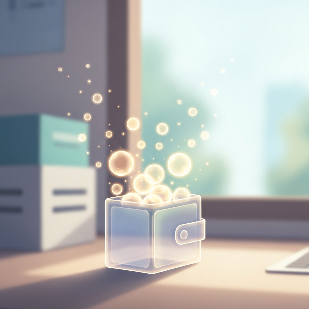 A calming illustration showing abstract glowing energy gently drifting out of a translucent, ethereal wallet, symbolizing 'invisible money' and the concept of object permanence in a neuro-affirming way.