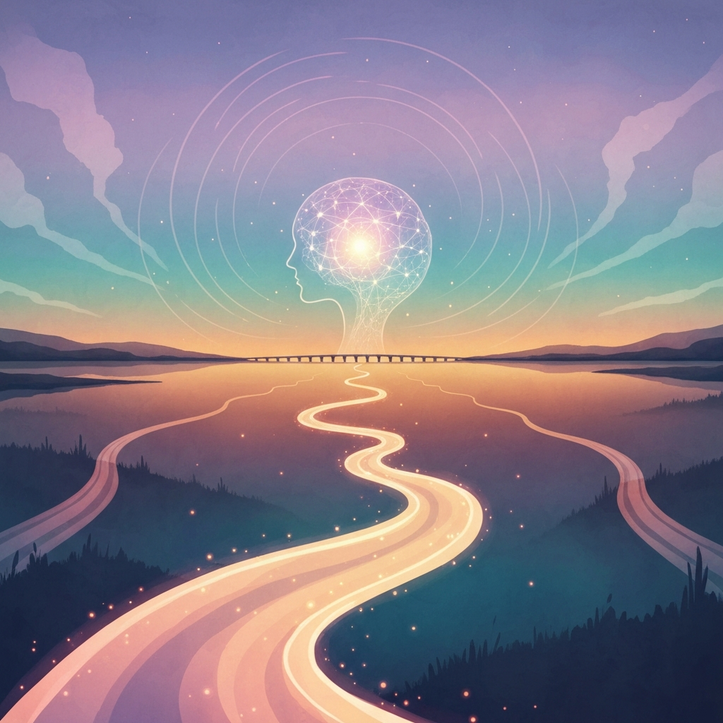 Neuro-affirming illustration of a glowing, serene mind connected to tranquil pathways, symbolizing financial well-being and calm for a neurodivergent person.