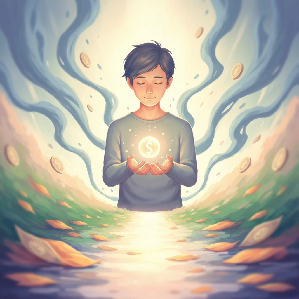 A serene illustration of a contemplative person gently holding a glowing orb, surrounded by soft, dissipating anxiety, symbolizing neuro-affirming financial well-being.