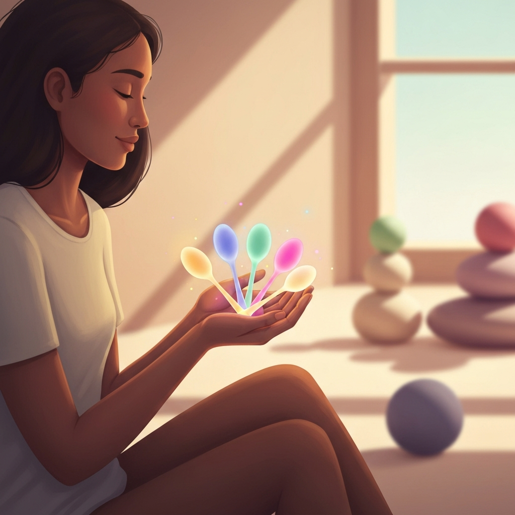 A calming illustration showing a person gently holding a handful of glowing, colorful, abstract 'spoons' representing energy, with soft, rounded shapes in the background symbolizing a financial fund. It depicts mindful energy and money management in a neuro-affirming way.