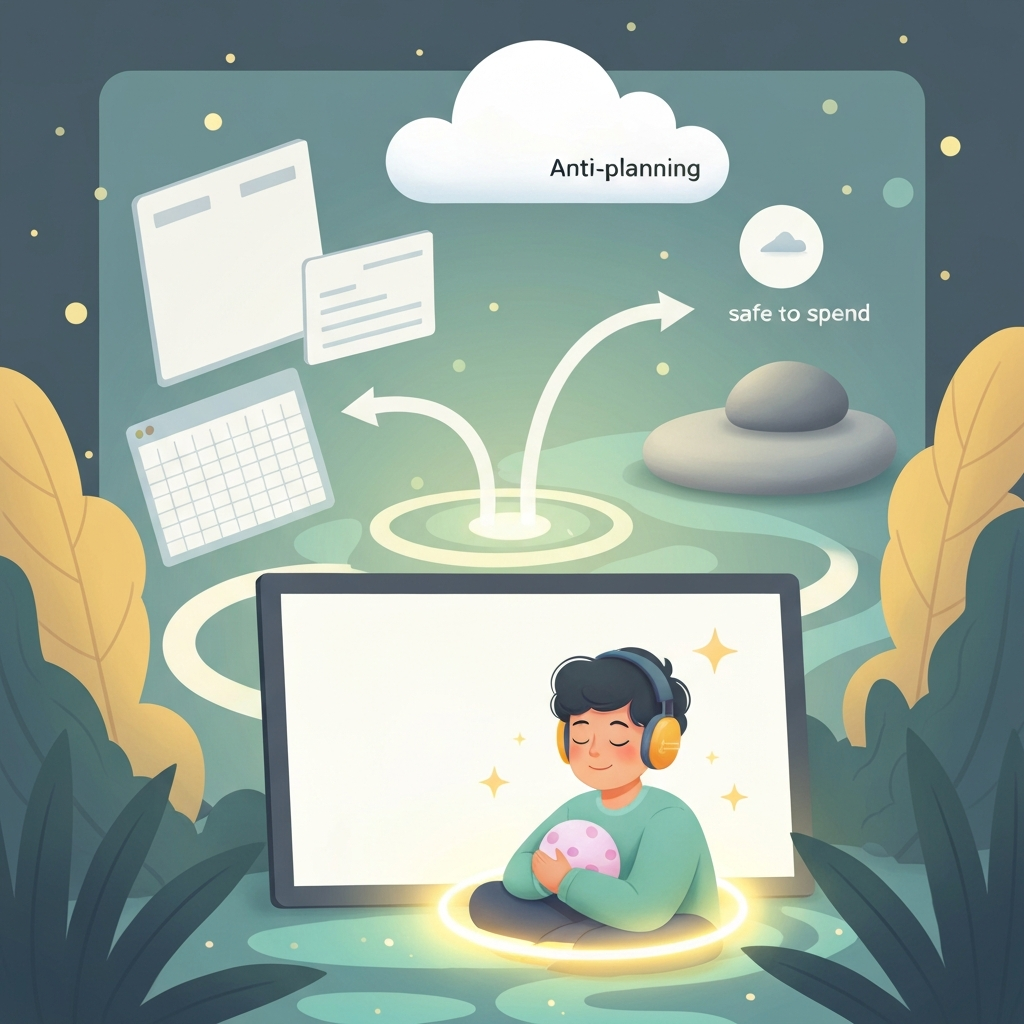 A calm, neuro-affirming illustration of a person experiencing financial ease. Soft light surrounds them, and abstract flowing shapes represent simple financial well-being without complexity.