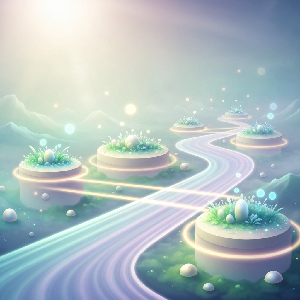 A calming, ethereal illustration depicting a serene landscape with a glowing river, soft floating islands, and luminous pathways, symbolizing a stable and neuro-affirming financial journey.