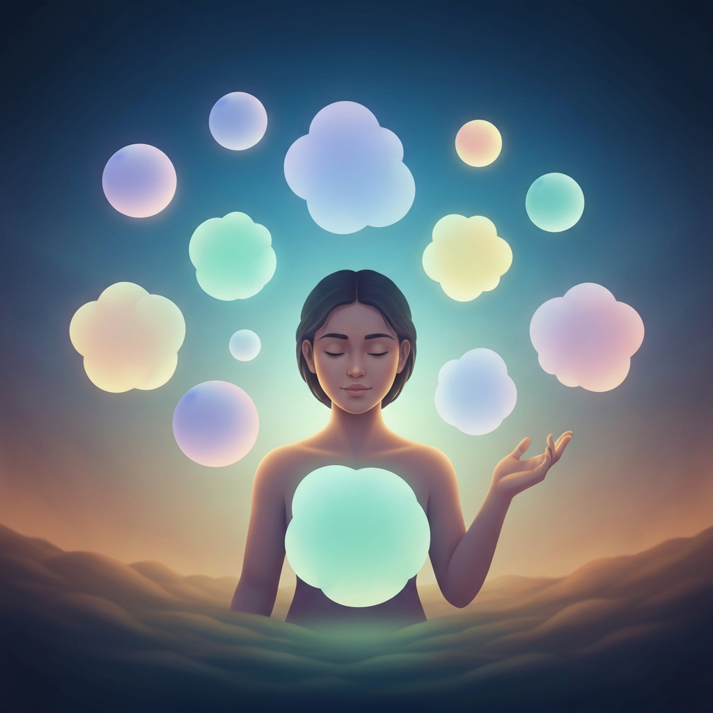 A calm, serene illustration of a neurodivergent person gently managing floating digital subscription bubbles in a soft, pastel-colored, abstract space, conveying a sense of control and peace. No text or numbers are present.