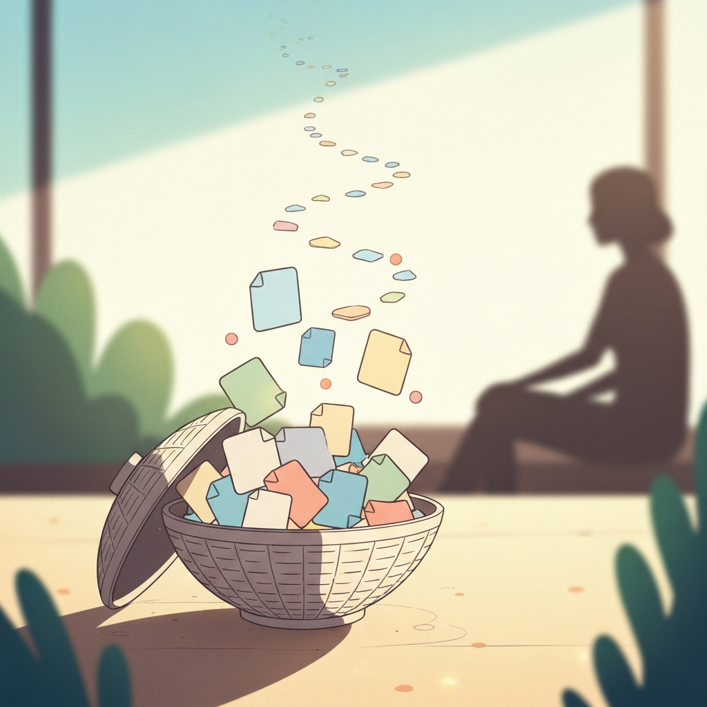 A serene illustration depicting abstract papers gently forming a path of small, manageable steps from a decorative container, with a subtle human silhouette in the background, conveying calm and support for organizing tasks.