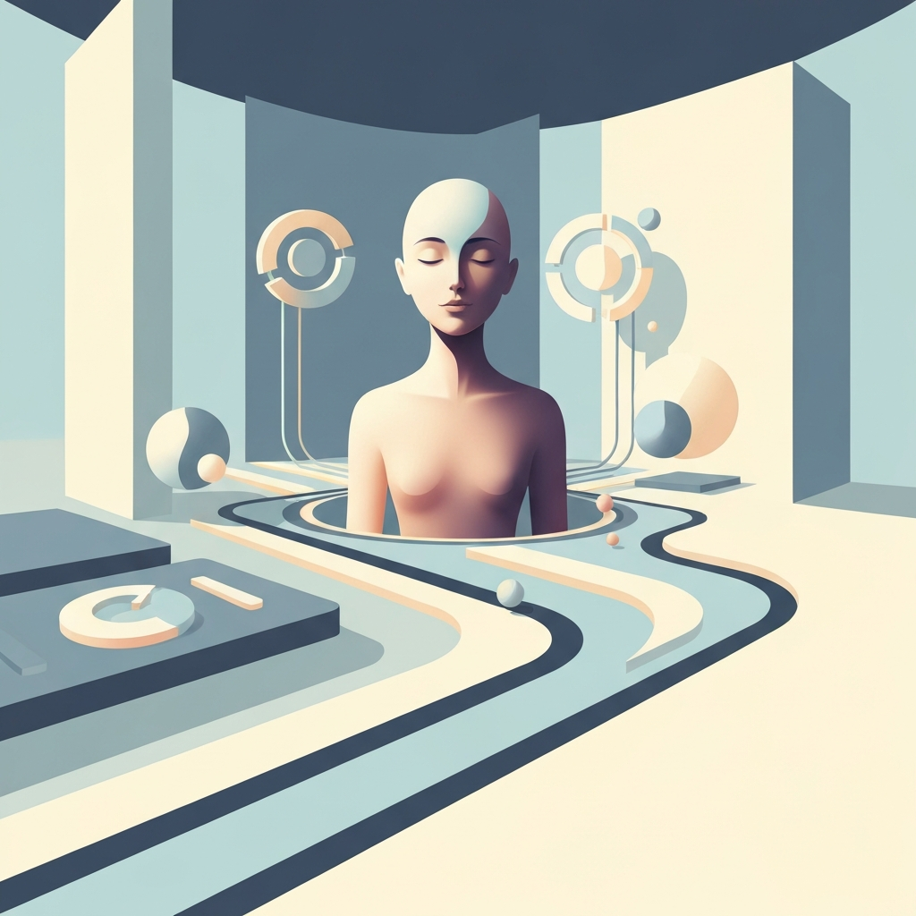 A calming illustration showing an abstract, peaceful figure surrounded by flowing, interconnected shapes that represent effortless financial systems and automation.