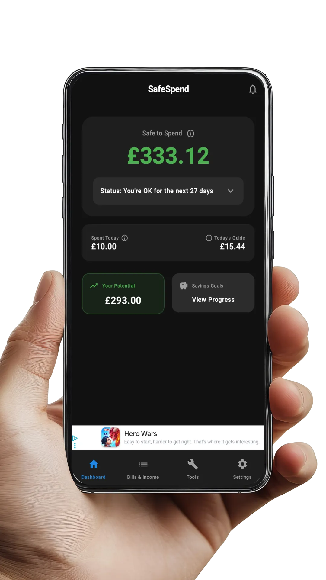 SafeSpend App in hand